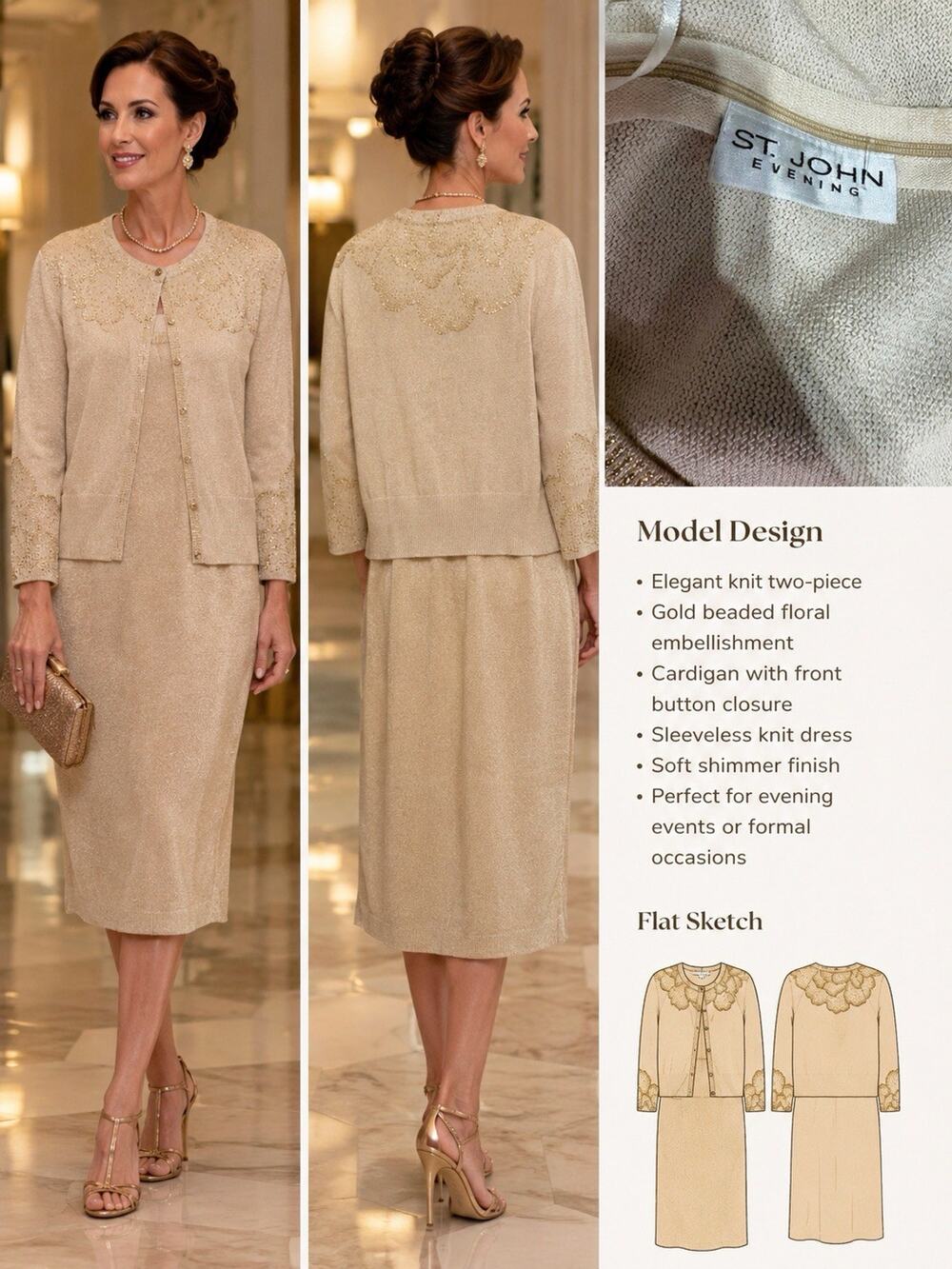St. John Evening Gold Knit Dress Cardigan 2 Pc Beaded Sweater Set Women’s